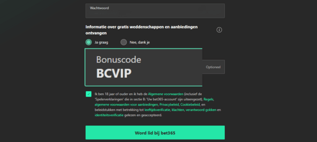 registratie bij bet365 casino met de bonuscode